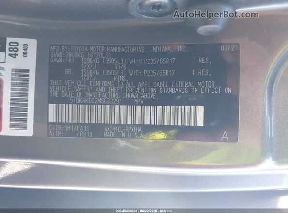 5TDKRKEC2MS033291 2021 TOYOTA SIENNA Gray Engine compartment view