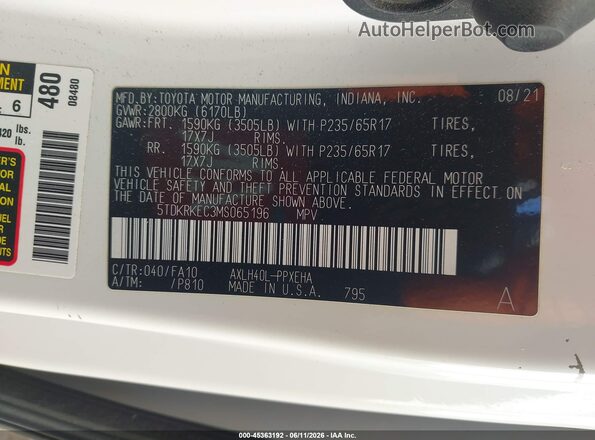 5TDKRKEC3MS065196 2021 TOYOTA SIENNA White Vista del compartimento del motor