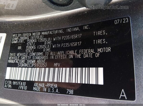 5TDKRKEC3PS172253 2023 TOYOTA SIENNA Серый Вид подкапотного пространства