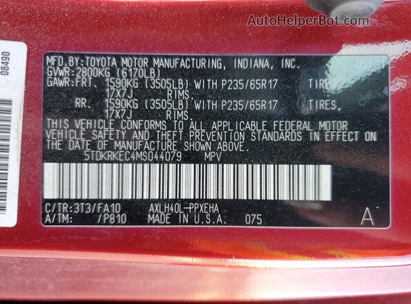 5TDKRKEC4MS044079 2021 TOYOTA SIENNA Red Սալոնի 360 աստիճան տեսք