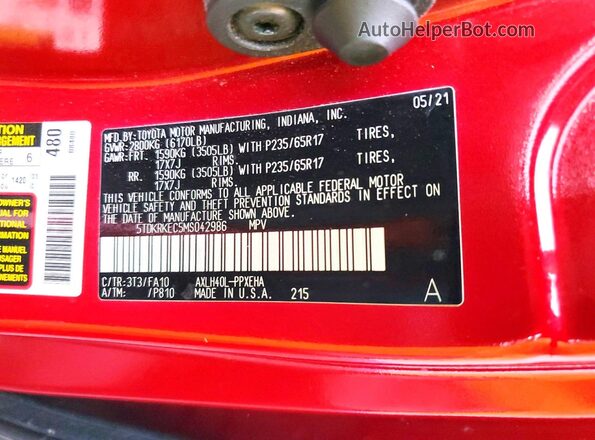 5TDKRKEC5MS042986 2021 TOYOTA SIENNA Red Vista interior de 360 grados