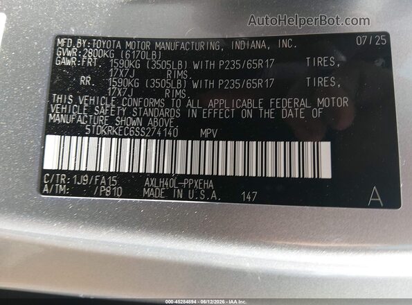 5TDKRKEC6SS274140 2025 TOYOTA SIENNA Silver Vista del compartimento del motor
