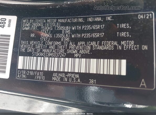 5TDKRKEC8MS037247 2021 TOYOTA SIENNA Black Շարժիչի բաժամունքի տեսք