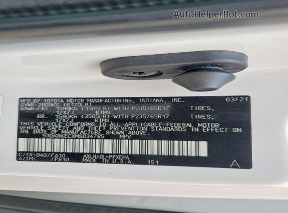 5TDKRKECXMS034785 2021 TOYOTA SIENNA White Vista de la etiqueta del VIN