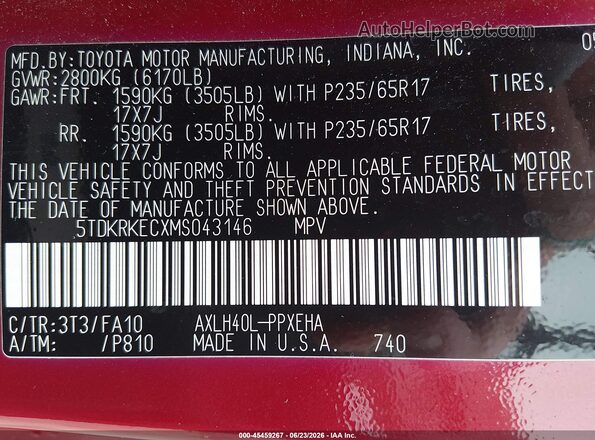 5TDKRKECXMS043146 2021 TOYOTA SIENNA Red Vista del compartimento del motor