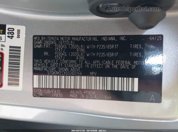 5TDKRKECXSS260144 2025 TOYOTA SIENNA Silver Вид підкапотного простору