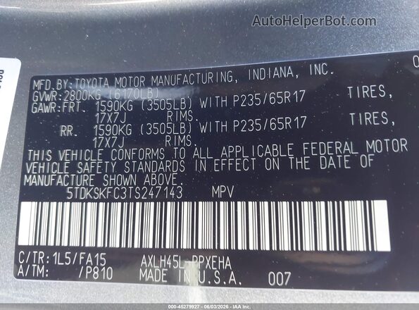 5TDKSKFC3TS247143 2026 TOYOTA SIENNA Gray Vista del compartimento del motor