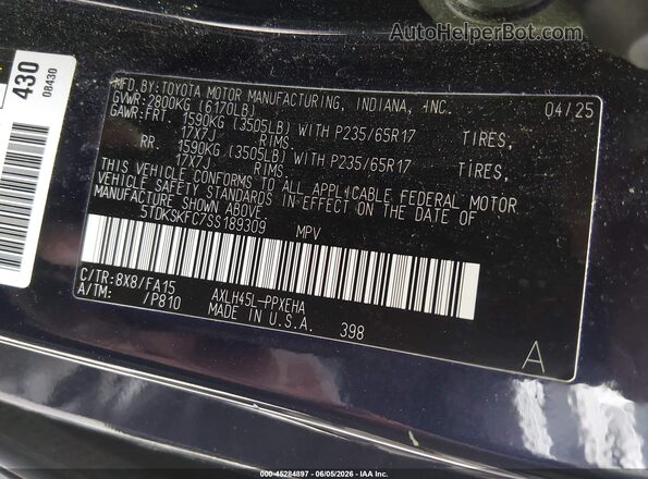 5TDKSKFC7SS189309 2025 TOYOTA SIENNA Blue Widok komory silnika