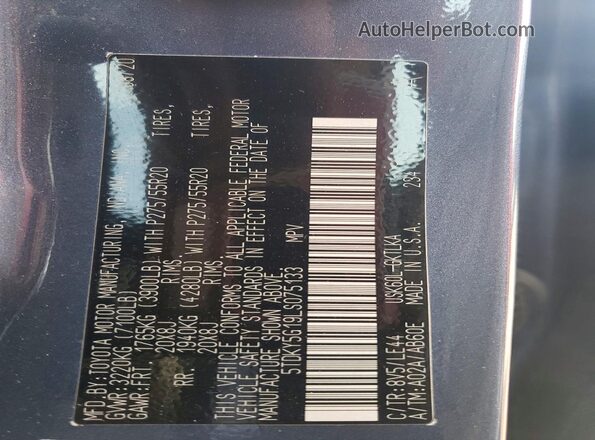 5TDKY5G19LS075133 2020 TOYOTA SEQUOIA Blue Vista de la etiqueta del VIN