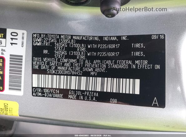 5TDKZ3DC0HS784452 2017 TOYOTA SIENNA Silver Вид підкапотного простору