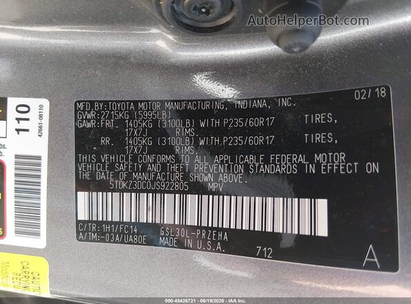 5TDKZ3DC0JS922805 2018 TOYOTA SIENNA Серый Вид подкапотного пространства