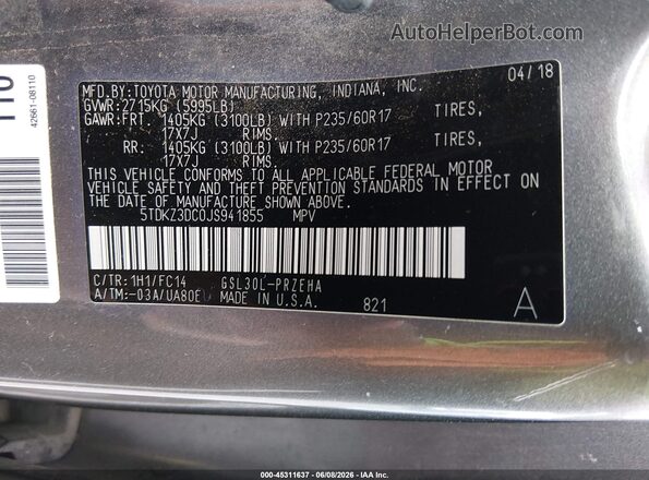 5TDKZ3DC0JS941855 2018 TOYOTA SIENNA Gray Շարժիչի բաժամունքի տեսք