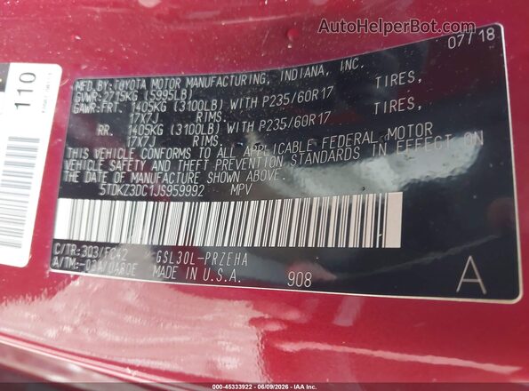 5TDKZ3DC1JS959992 2018 TOYOTA SIENNA Maroon Շարժիչի բաժամունքի տեսք