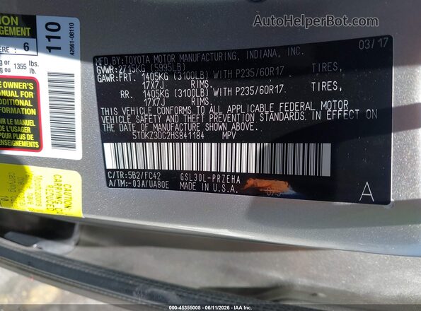 5TDKZ3DC2HS841184 2017 TOYOTA SIENNA Gray Engine compartment view