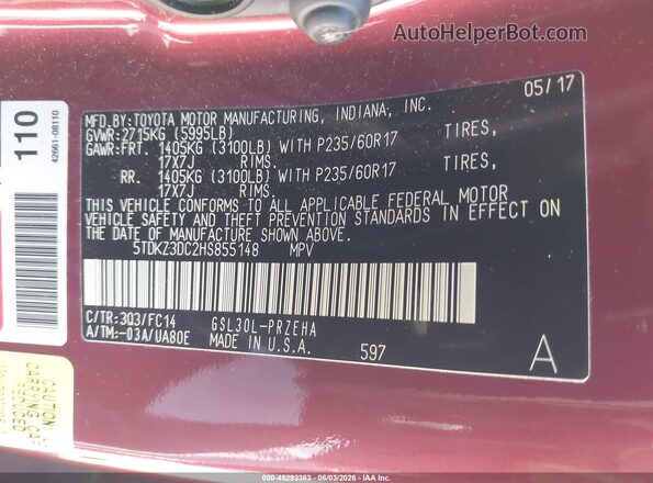 5TDKZ3DC2HS855148 2017 TOYOTA SIENNA Red Vista del compartimento del motor