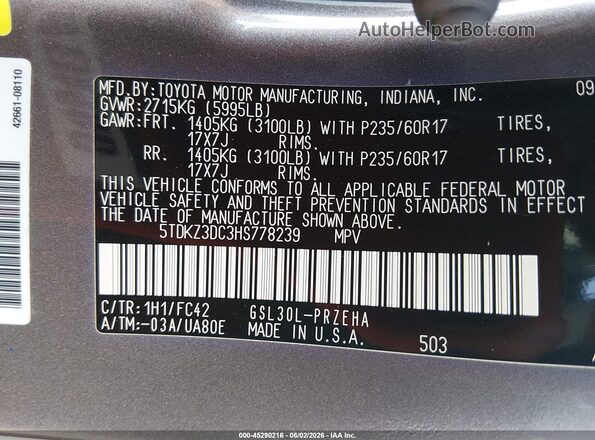5TDKZ3DC3HS778239 2017 TOYOTA SIENNA Gray Engine compartment view