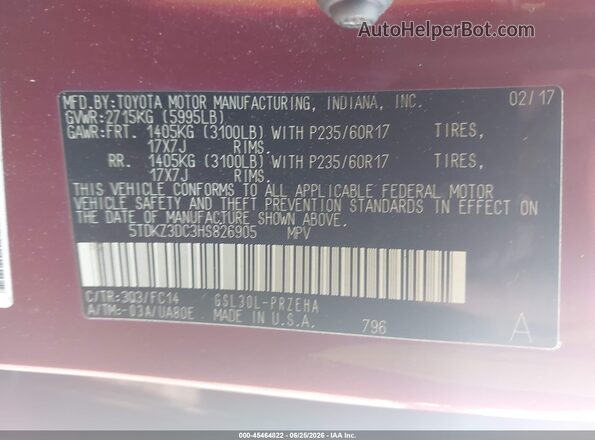 5TDKZ3DC3HS826905 2017 TOYOTA SIENNA Red Widok komory silnika