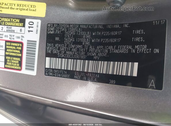 5TDKZ3DC3JS901897 2018 TOYOTA SIENNA Серый Вид подкапотного пространства