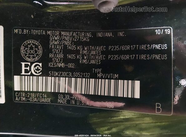 5TDKZ3DC3LS052132 2020 TOYOTA SIENNA Black Engine compartment view