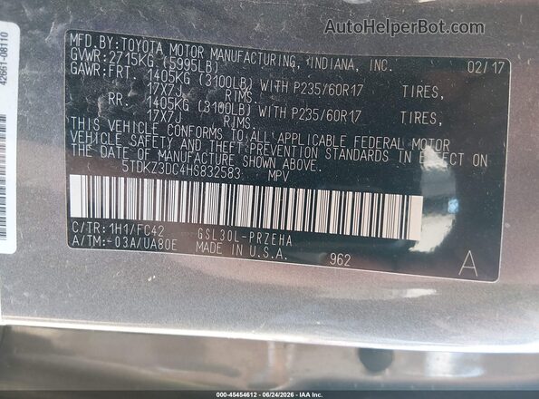 5TDKZ3DC4HS832583 2017 TOYOTA SIENNA Gray Շարժիչի բաժամունքի տեսք