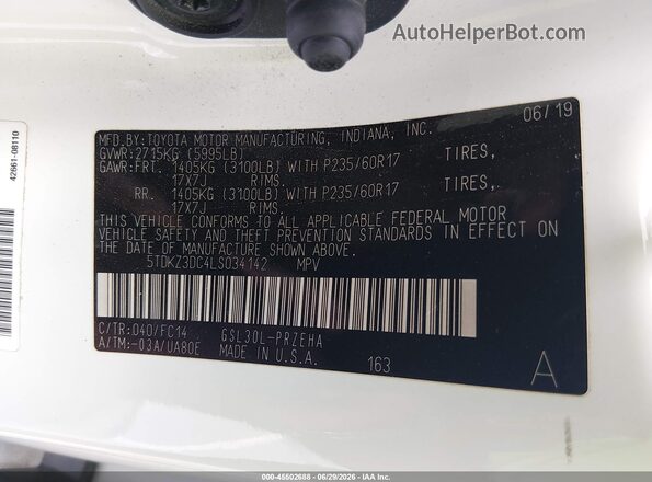 5TDKZ3DC4LS034142 2020 TOYOTA SIENNA Белый Вид подкапотного пространства