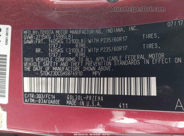 5TDKZ3DC5HS874910 2017 TOYOTA SIENNA Burgundy ძრავის განყოფილების ხედი
