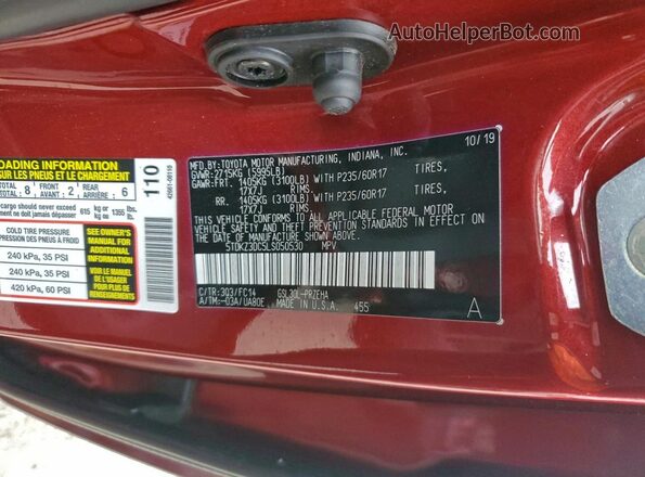 5TDKZ3DC5LS050530 2020 TOYOTA SIENNA Burgundy Вид наклейки з VIN-кодом
