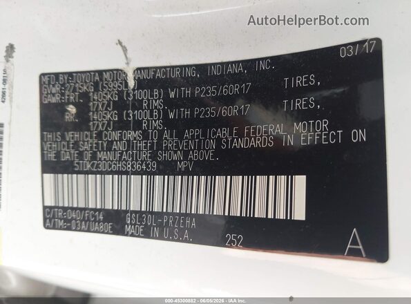 5TDKZ3DC6HS836439 2017 TOYOTA SIENNA White Engine compartment view