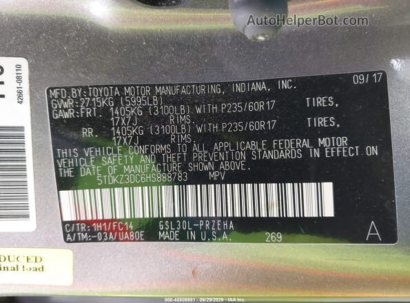 5TDKZ3DC6HS888783 2017 TOYOTA SIENNA Gray ძრავის განყოფილების ხედი
