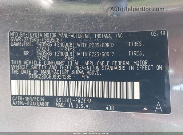 5TDKZ3DC6JS921285 2018 TOYOTA SIENNA Gray Вид підкапотного простору