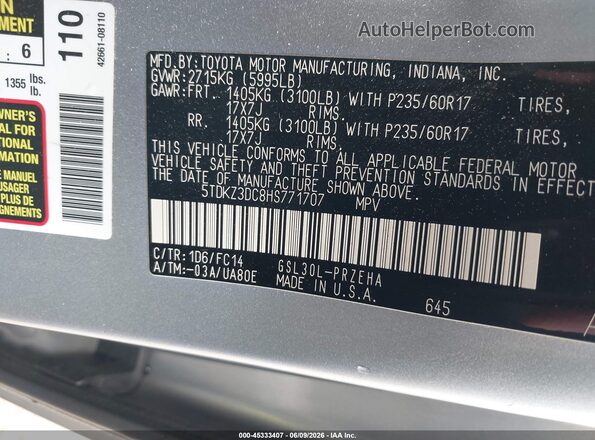 5TDKZ3DC8HS771707 2017 TOYOTA SIENNA Silver Vista del compartimento del motor