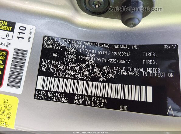 5TDKZ3DC8HS844820 2017 TOYOTA SIENNA Серебряный Вид подкапотного пространства