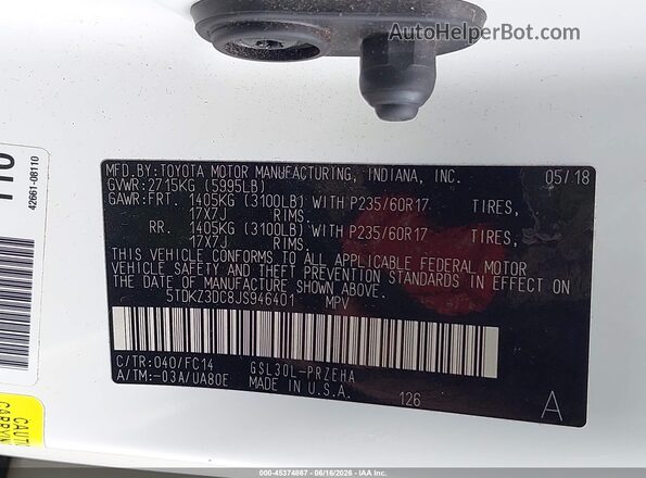 5TDKZ3DC8JS946401 2018 TOYOTA SIENNA White Engine compartment view