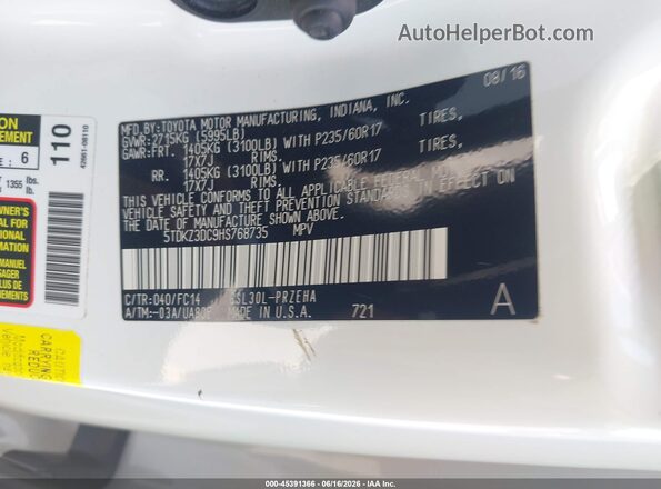 5TDKZ3DC9HS768735 2017 TOYOTA SIENNA White Engine compartment view