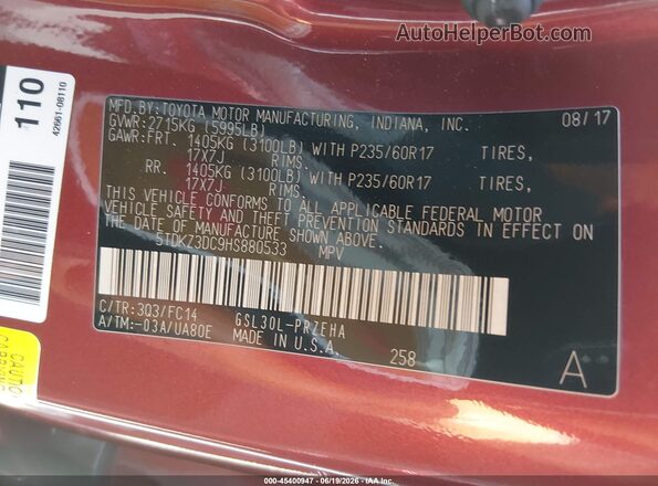 5TDKZ3DC9HS880533 2017 TOYOTA SIENNA Бордовый Вид подкапотного пространства