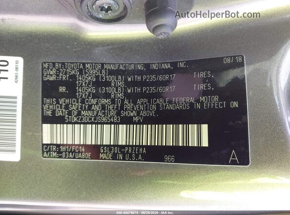 5TDKZ3DCXJS965483 2018 TOYOTA SIENNA Серый Вид подкапотного пространства