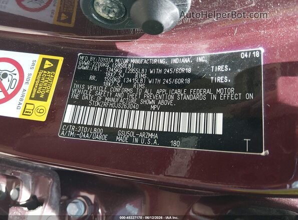 5TDKZRFH0JS263040 2018 TOYOTA HIGHLANDER Maroon Vista del compartimento del motor