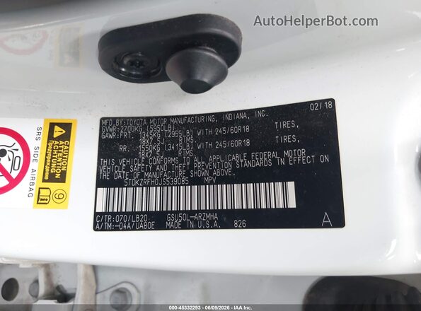 5TDKZRFH0JS539085 2018 TOYOTA HIGHLANDER White Widok komory silnika