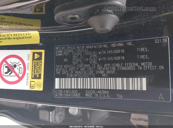 5TDKZRFH2JS537712 2018 TOYOTA HIGHLANDER Black Вид підкапотного простору