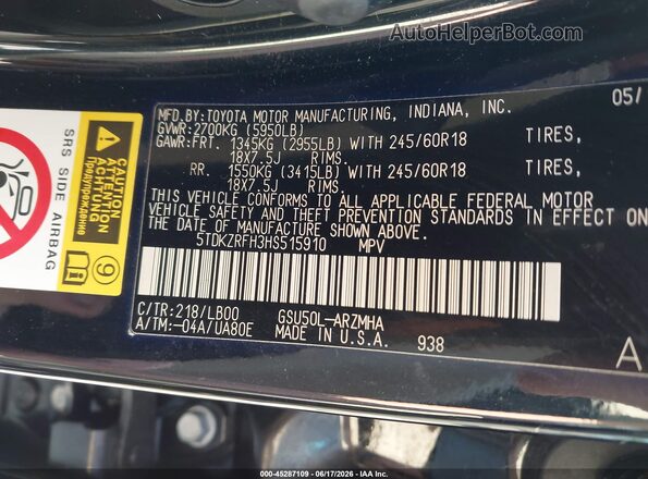 5TDKZRFH3HS515910 2017 TOYOTA HIGHLANDER Black Вид підкапотного простору