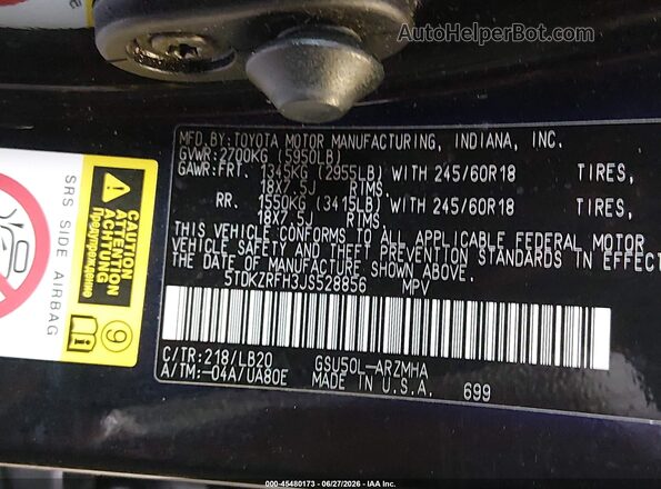 5TDKZRFH3JS528856 2018 TOYOTA HIGHLANDER Black Engine compartment view