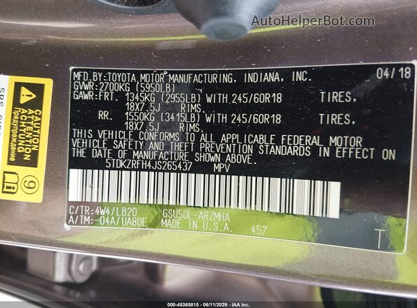 5TDKZRFH4JS265437 2018 TOYOTA HIGHLANDER Brown Engine compartment view