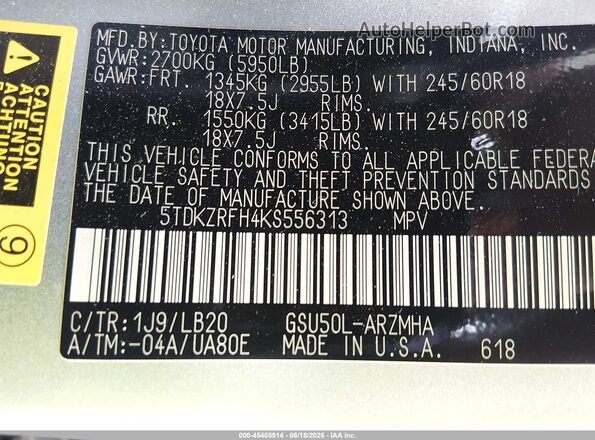 5TDKZRFH4KS556313 2019 TOYOTA HIGHLANDER Серебряный Вид подкапотного пространства