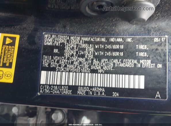 5TDKZRFH5HS516900 2017 TOYOTA HIGHLANDER Black Շարժիչի բաժամունքի տեսք