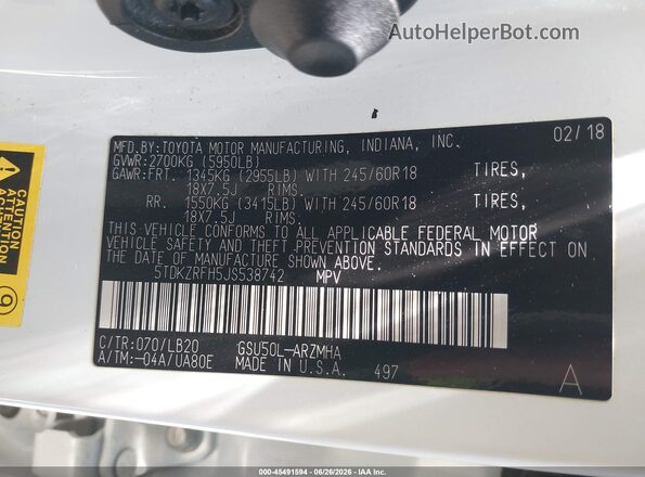 5TDKZRFH5JS538742 2018 TOYOTA HIGHLANDER White Vista del compartimento del motor