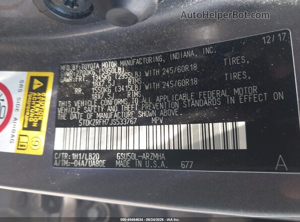 5TDKZRFH7JS533767 2018 TOYOTA HIGHLANDER Gray Շարժիչի բաժամունքի տեսք