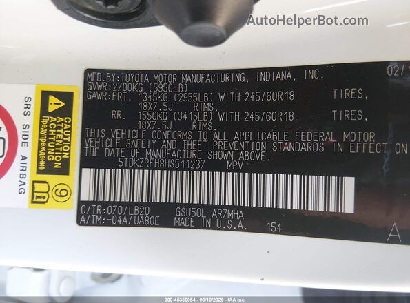 5TDKZRFH8HS511237 2017 TOYOTA HIGHLANDER Белый Вид подкапотного пространства