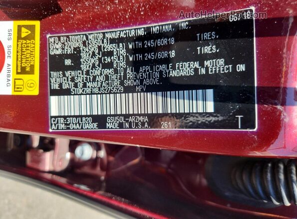 5TDKZRFH8JS275629 2018 TOYOTA HIGHLANDER Burgundy Vista de la etiqueta del VIN