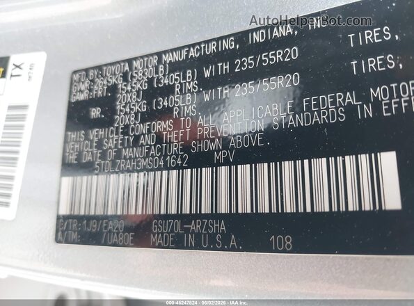 5TDLZRAH3MS041642 2021 TOYOTA HIGHLANDER Gray Vista del compartimento del motor