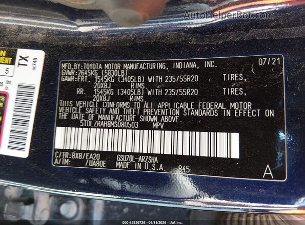 5TDLZRAH8MS080503 2021 TOYOTA HIGHLANDER Blue Widok komory silnika